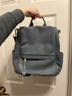 Madison West Slate Blue Backpack Tote with Gold Hardware